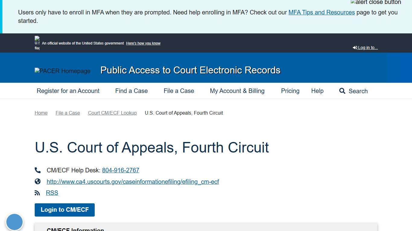 U.S. Court of Appeals, Fourth Circuit PACER: Federal Court Records